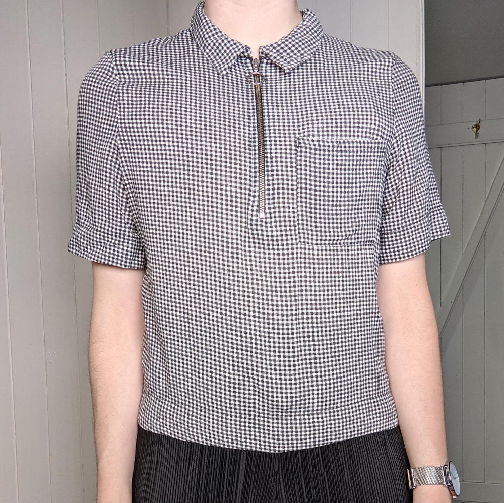 O-Ring Zip Collar Gingham Tee Blouse